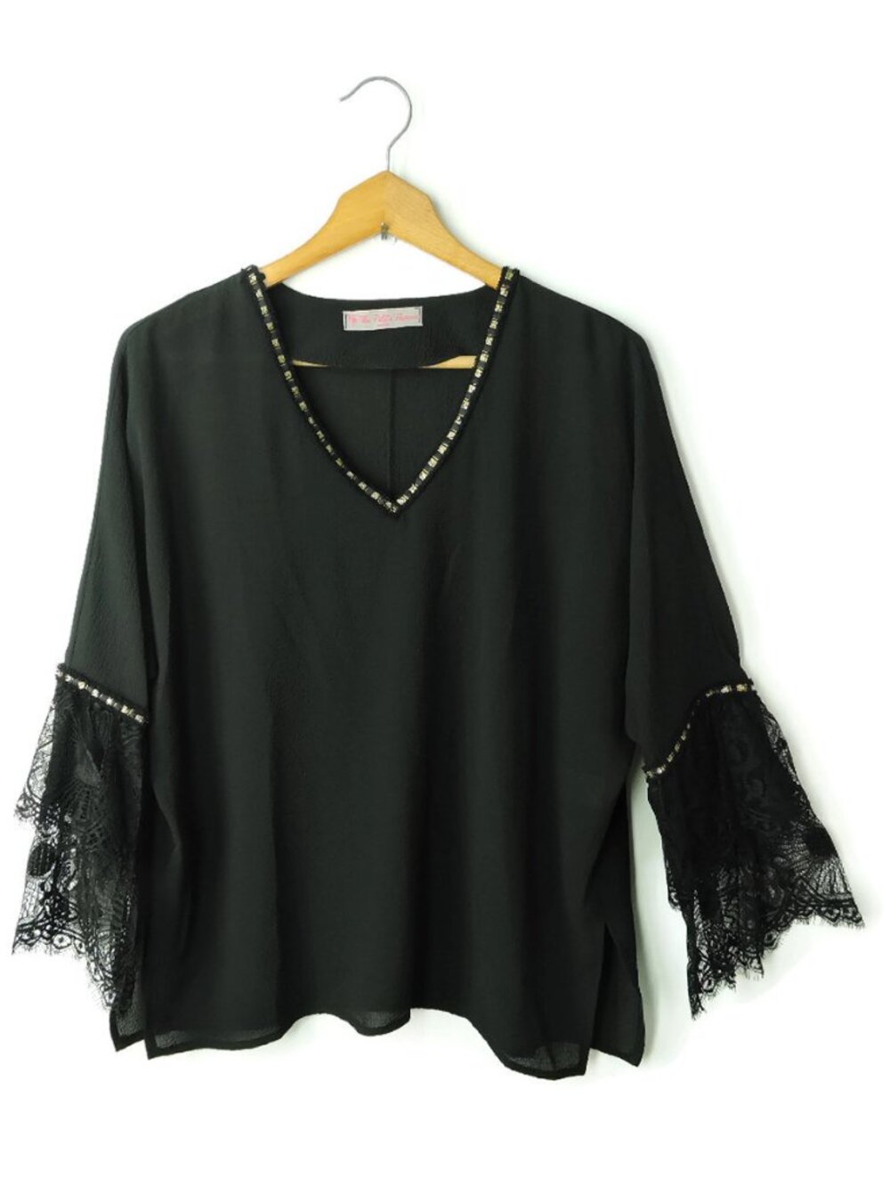 Ma Petite Fiancee Paris Black lace sleeves blouse top sz T3 M whimsigoth goth